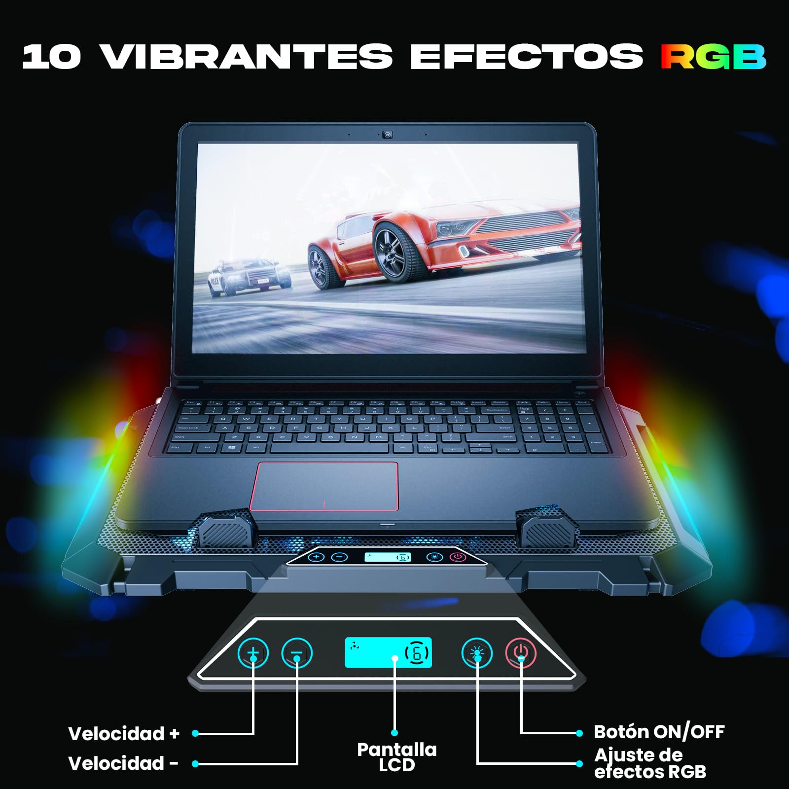 KLIM V8 Base Refrigeradora para Portátil Gaming con 8 Ventiladores + Nuevo + Soporte RGB Estable para Portátil con Ventilador + Compatible hasta 17" + 2 Puertos USB + Soporte para Teléfono