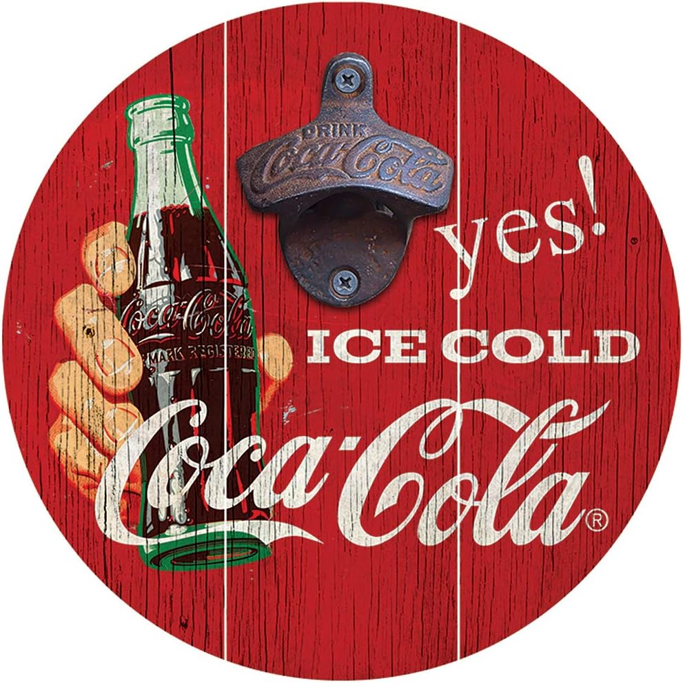 SOTT YES Ice Cold Coca-Cola 8" Diameter Wood and Iron Bottle Opener for Wall
