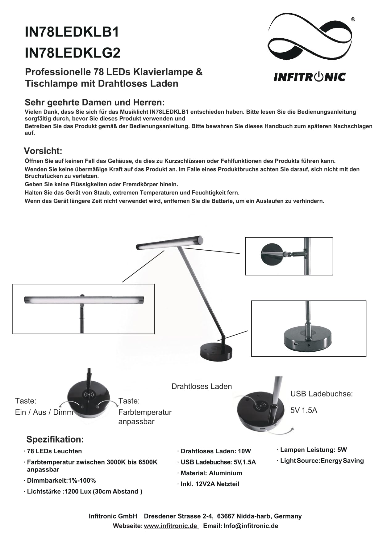 Infitronic IN78LEDKLGB1 Design-LED-Leuchte (Alu Schwarz/Bronze). Dimmbar, CRI>90, 3000-6500K. Mit 10W Wireless Charging & USB. Perfekt als Klavier- oder Bürolampe
