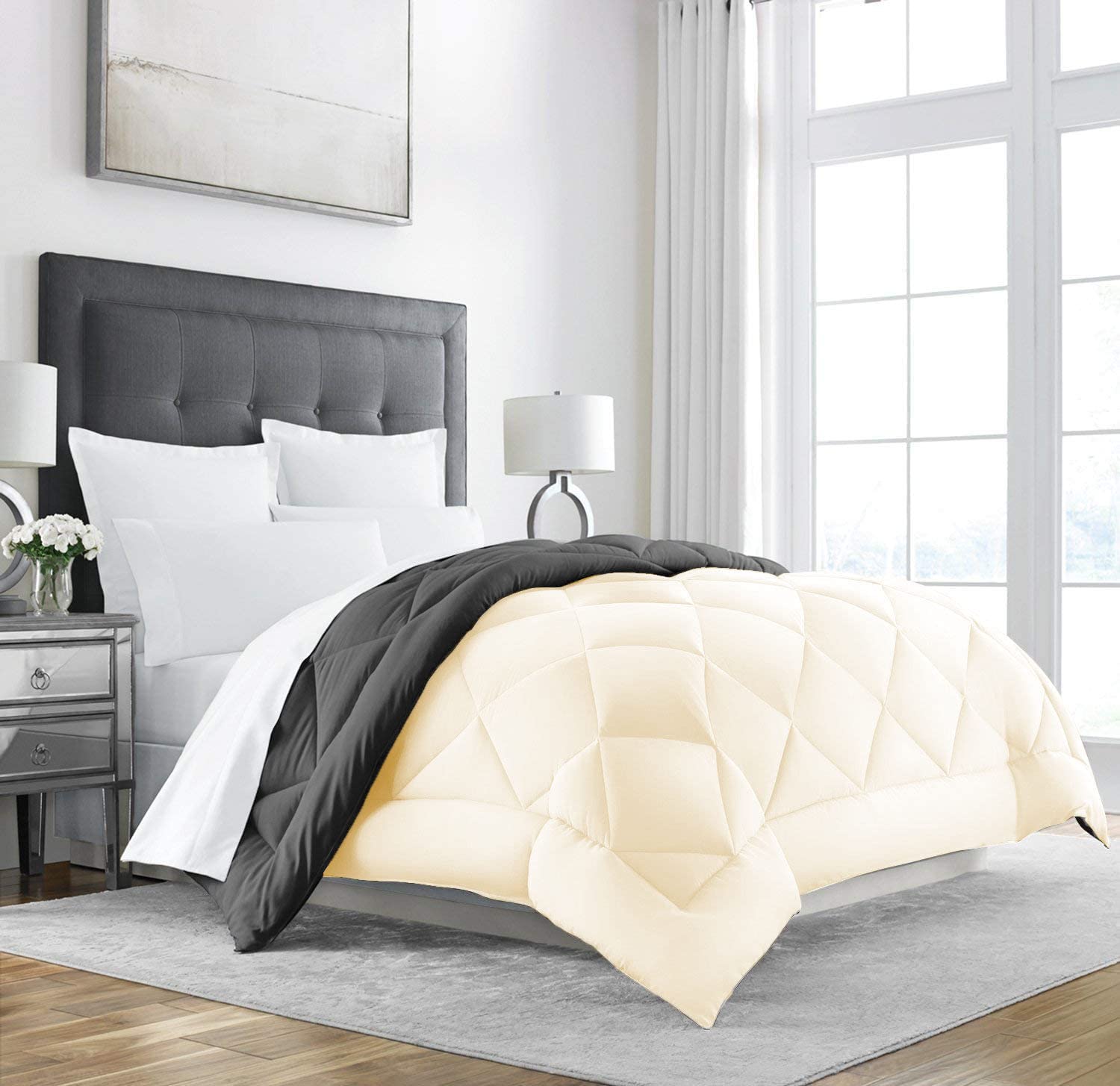 All Season Microfiber -Reversable Duvet/AC Comforter/Quilt - Grey Ivory - Single Size 60 Inch x 90 Inch-image-43