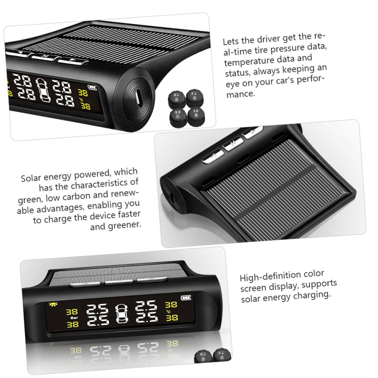 Sensore Pressione Pneumatici Wireless Solare per Auto Monitoraggio Pressione Temperatura Pneumatici Materiale Sicuro Durevole Ricarica USB