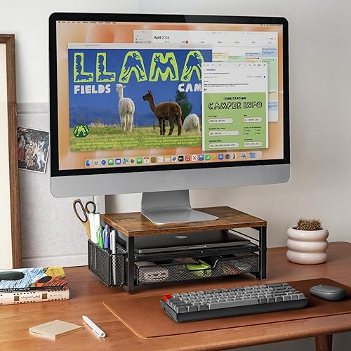 Miniatura 8 de ARCOBIS Elevador de monitor con cajones y soportes para bolígrafos, soporte para monitor de computadora de metal de madera y malla