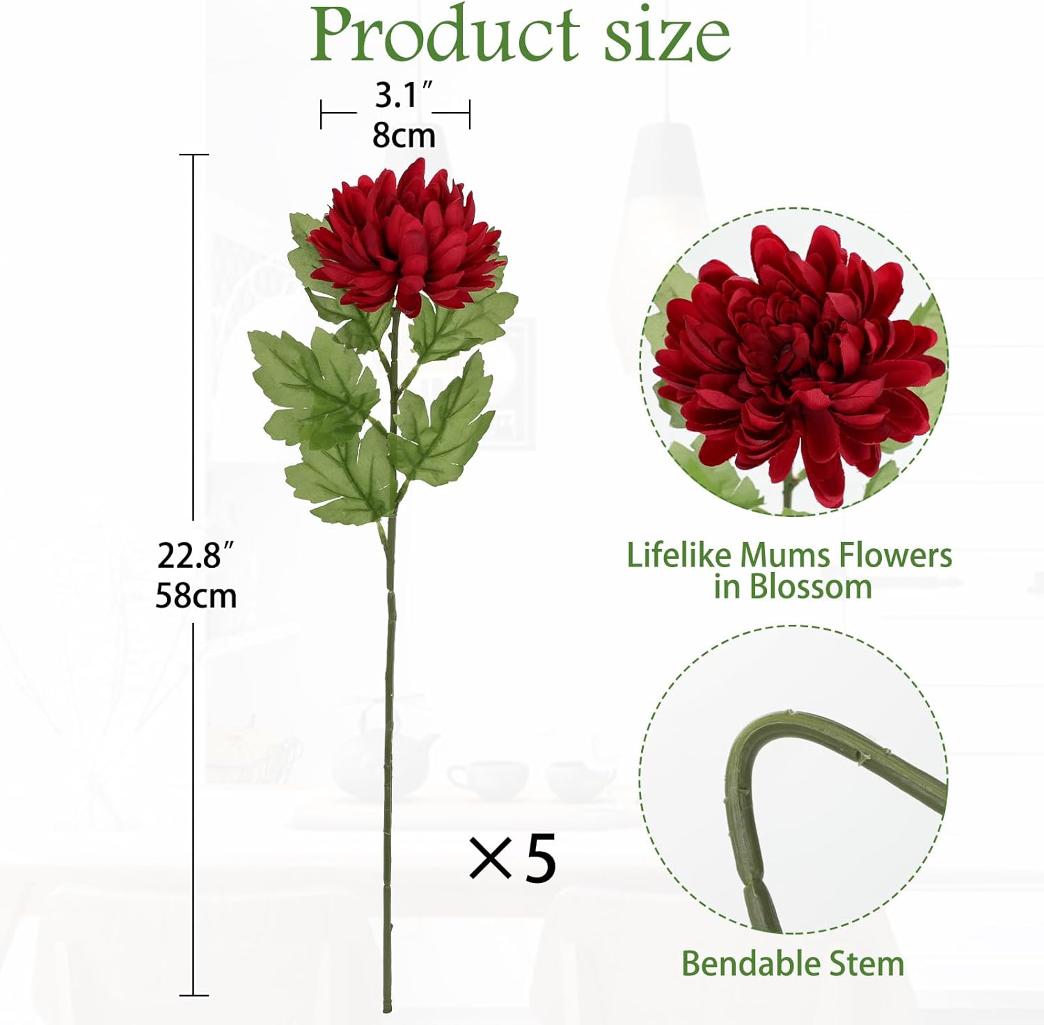 Hollyone 5Pcs Fake Mums Flowers Red Artificial Chrysanthemum Flowers Silk Long Stem Floral Arrangements Bouquets Faux Spider Mum Flower Pincushion Flower Bush Home Decor - Image 2
