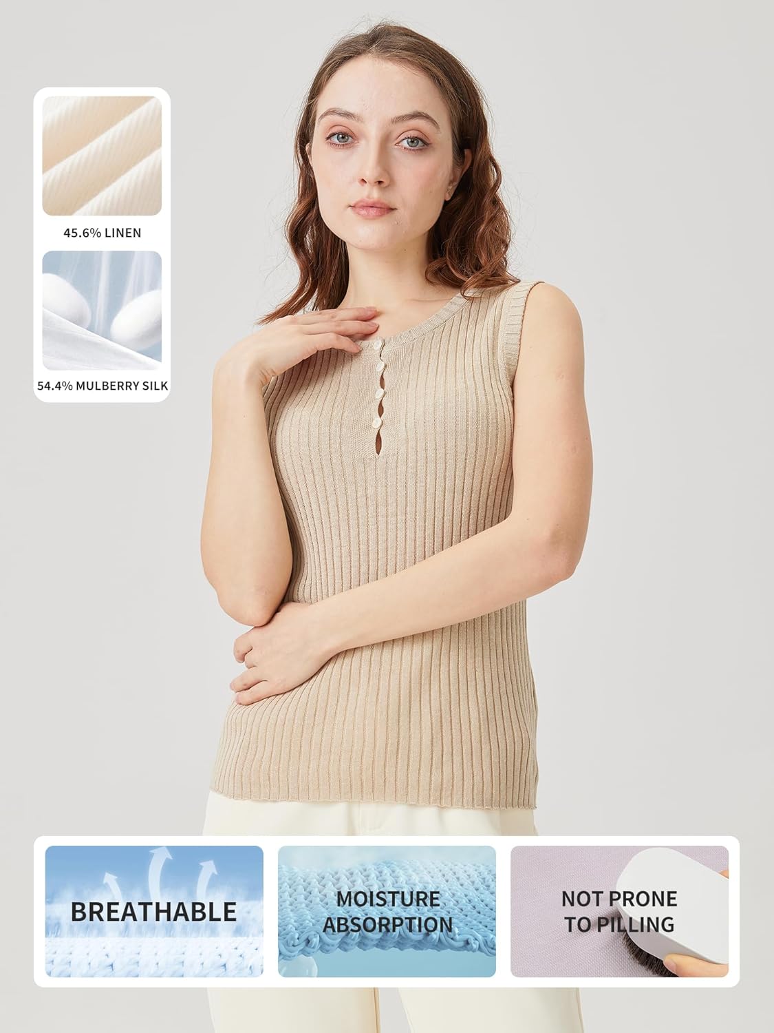 Women's Round Neck Sleeveless Knit Top 2025 Casual Silk - Linen Blend Single - Row Button Decor Basic Shirts