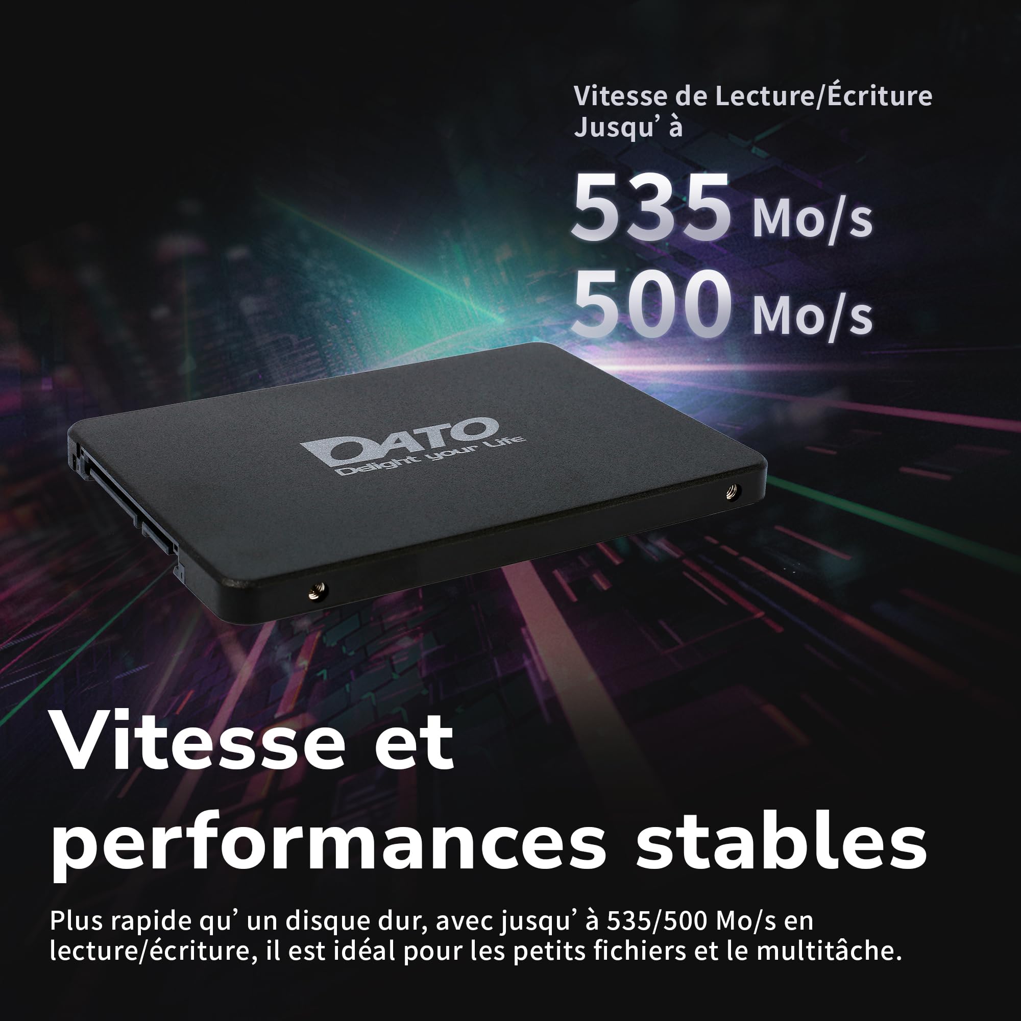 DATO SSD Interne 1 to 2,5" SATA III, mémoire Flash 3D NAND, Cache SLC, Jusqu’à 535/500 Mo/s, Compatible avec Ordinateurs Portables et PC de Bureau