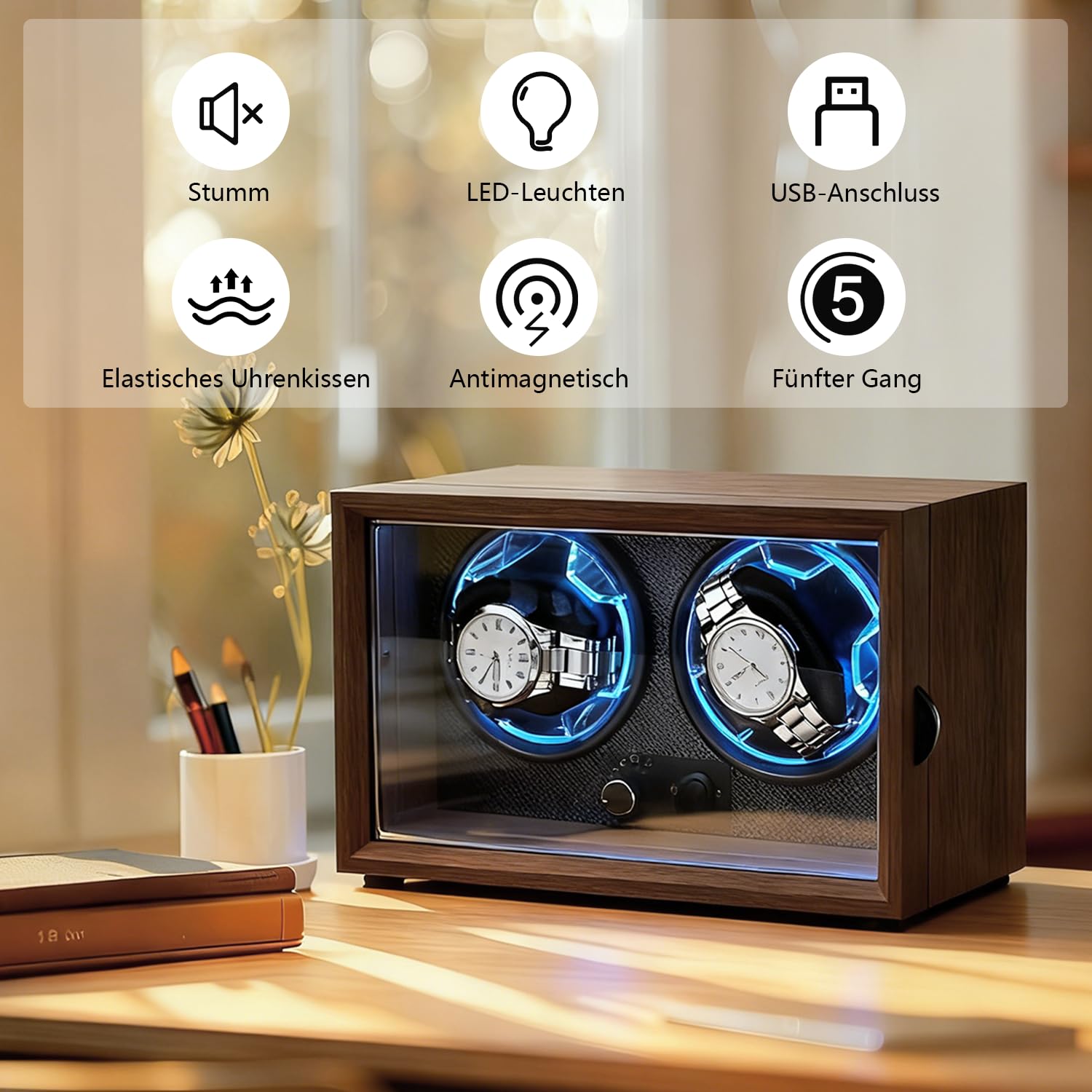 Automatik Uhrenbeweger 2 Uhren, Doppel Uhrenbeweger für Automatikuhren, Watch Winder Box mit 4 Wickelschwingmodi Einstellung und Blau Beleuchtung, Automatische Uhrendreher für Herren und Damen