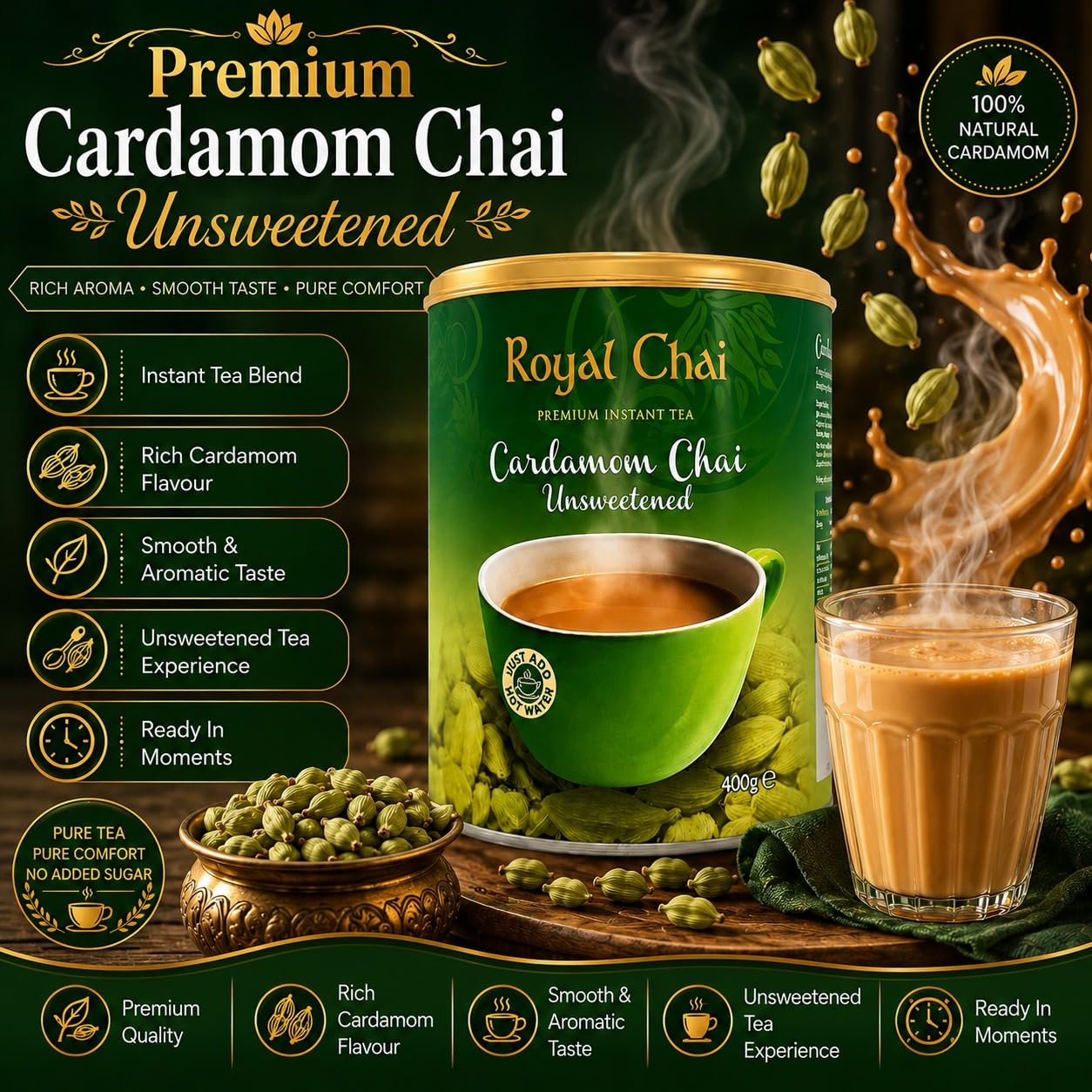 Royal Chai Elaichi ungesüßte Dose 400g (6 Stück) - Premium Instanttee - Kardamom Tee - Natürlich - Sofortkardamom Indianer Tee