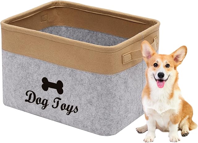 Geyecete Dog Toys Box Storage Bins Basket-Pet Toy and Accessory Storage Bin,Foldable felt Organizer Storage Basket for Pet Toys,Blankets-Light Gray/Khaki