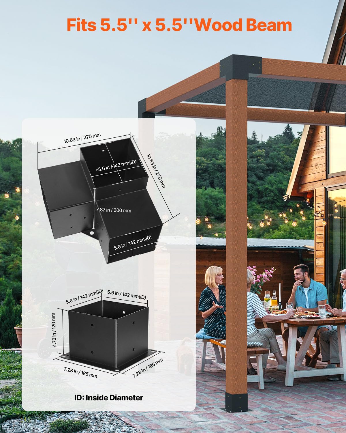 VEVOR Pfostenverbinder, Pfostennecke für 142 x 142 mm Pfosten, inkl. 4 Stk.3-Wege-Hochleistungs-Eckhalterung & 4 Stk. Pfostenträger, Pergola-Halterung-Set für Pavillons, Terrassenpergolen