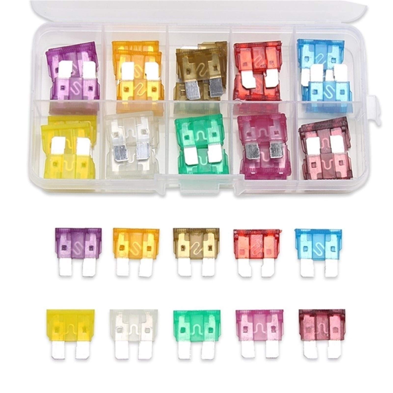 Kit de fusibles de cuchilla automática ATO ATC estándar TMP1105 for camión de motocicleta de coche de tamaño mediano 3/5/7. 5/10/15/20/25/30/35/40 AMP Kit surtido 50 Uds