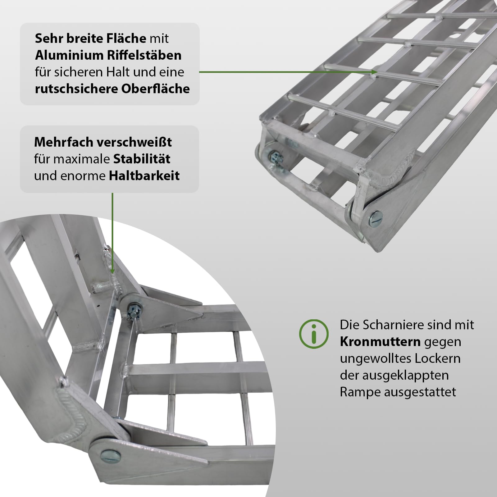 TRUTZHOLM 2 x Auffahrrampe klappbar 180 cm Traglast 680 kg Alu grau geriffelte Einzelstäbe Verladerampe