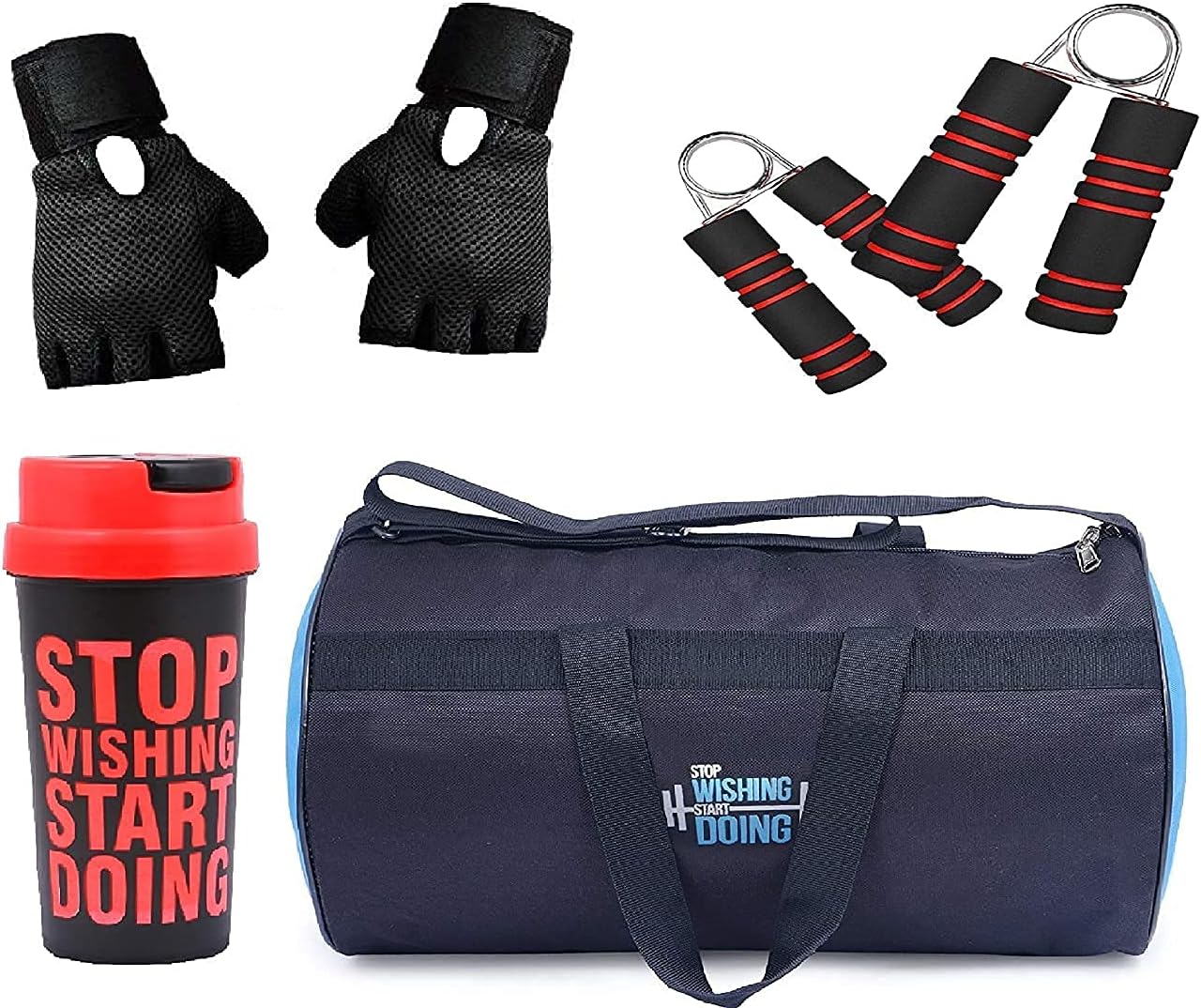 SGC-2004 4 in 1 Pack Combo Polyester Antique Gym Bag, Protein Shaker,Gym Gloves with Wrist Support and Hand Strengthner Combo, BLUE, M, athletic