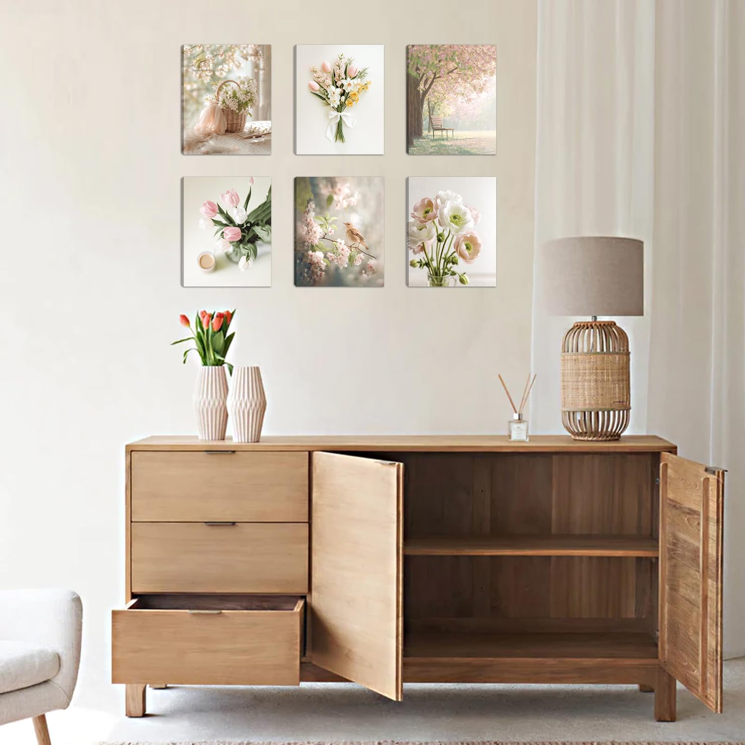 HOURIA 6Pcs Spring Flower Canvas Wall Art Set(8”x10”),Pink Green White Floral Botanical Wall Decor,Spring Nature Landscape Tulip Flowers Daisy Sparrow Art Prints for Farmhouse Living Room Bedroom Home