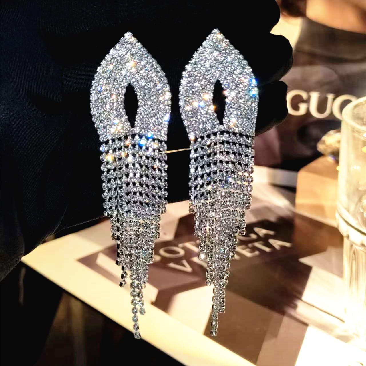 Rhinestone Earrings Dangling for Women Sparkly Silver Dangle Earrings Girls Long Chandelier Earrings Tassel Lightweight Ear Studs Cubic Zirconia (KE001S-W) - Image 7