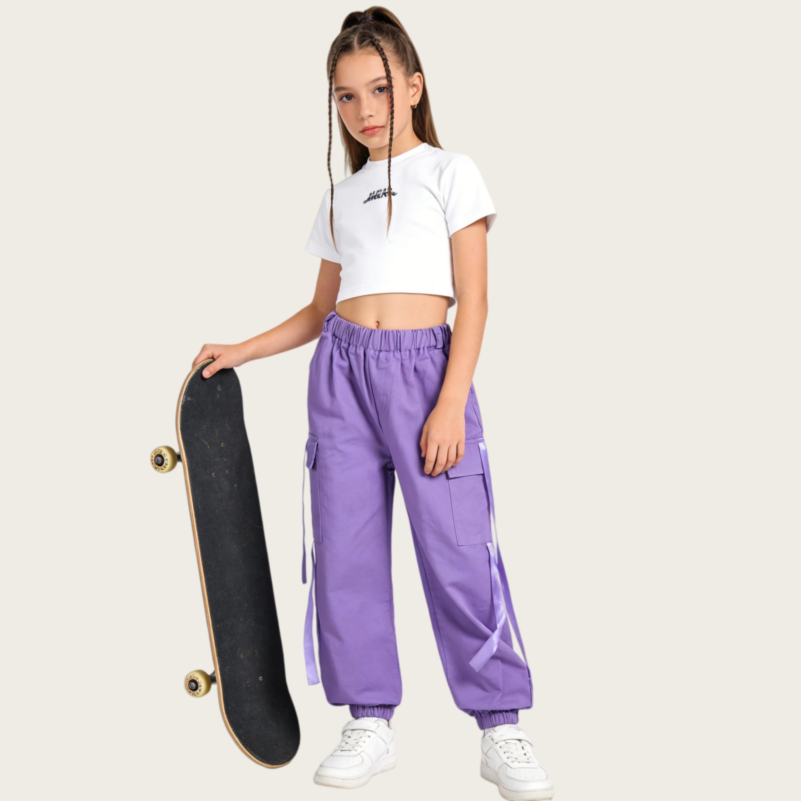 Rolanko Pantaloni Cargo per Bambini,Pantaloni da Jogging per Ragazzo e Ragazza Street Hip Hop Dance(Viola,11-12 anni/160)