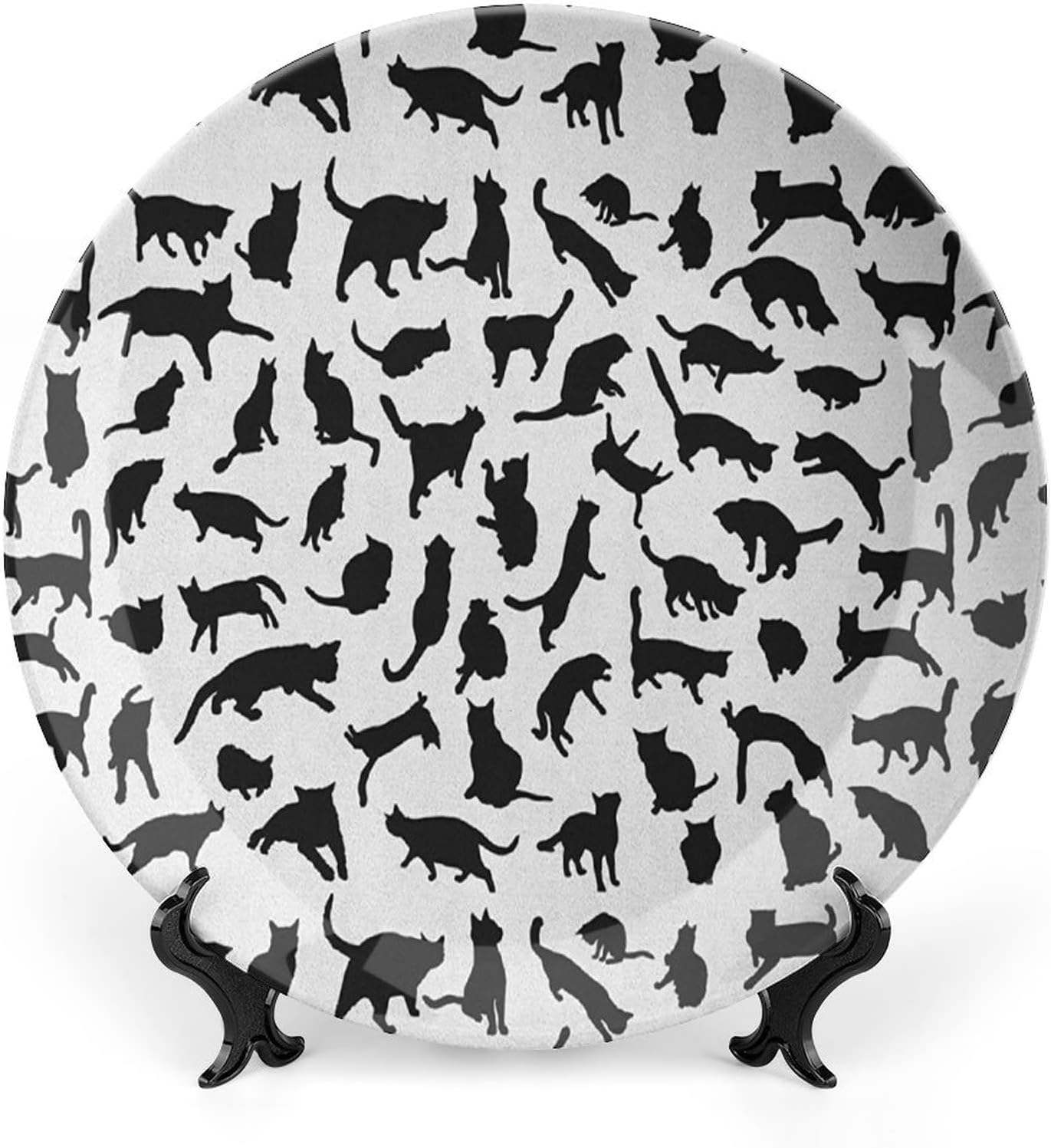 XISUNYA 6 Inch Decorative Plate, Cat Lover Porcelain Plate, Black Cats in Different Poses Stretching and Playing Print Ceramic Wall Hanging Decor Accessory for Dining Table Tabletop Home Decor
