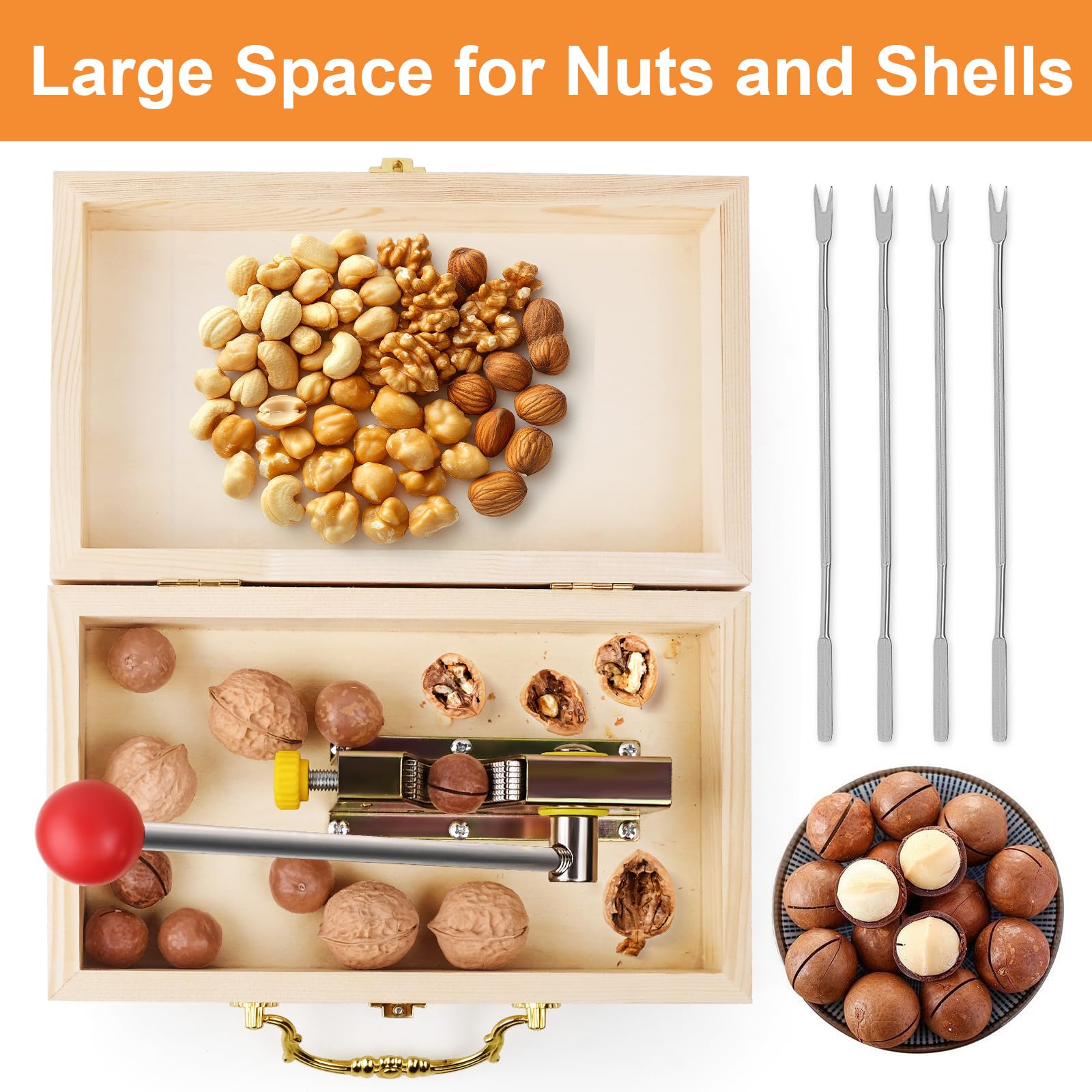 Nut Cracker for All Nuts Heavy Duty Walnut Cracker with Wooden Gift Box Adjustable Nut Tongs Portable Manual Nut Cracker Tool for Walnut Pecan Macadamia Hazelnuts Chestnuts and More-4 Picks Included