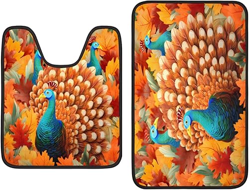 Pardick 2 Pieces Bath Mat Set, Maple Leaf Bath Mat U-Shaped Toilet Rug Bathroom Mat Set with Bath Rug Mat, Turkey Mat for Bathroom