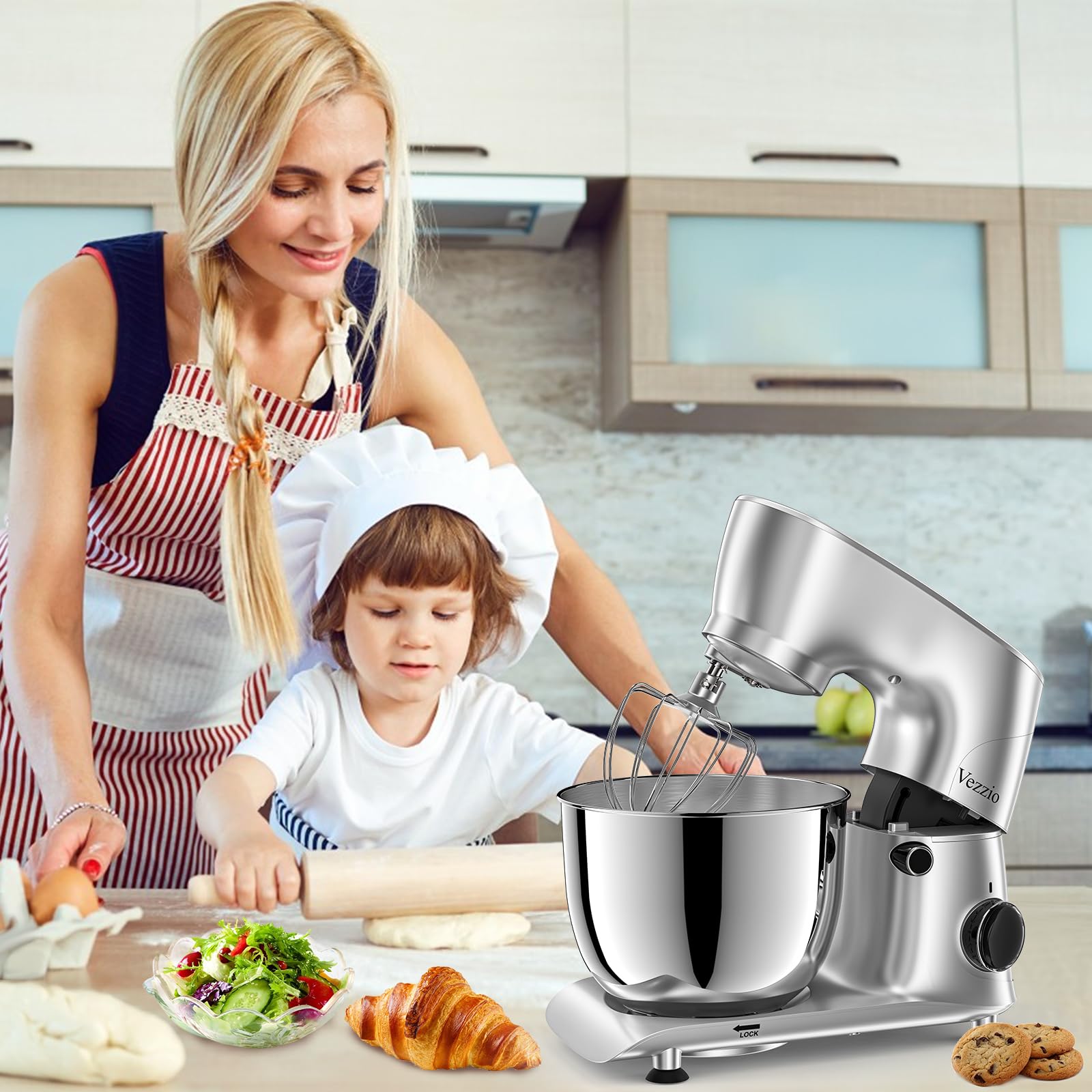 Vezzio Batidora 1500W con Tazón 5.5QT Acero Inoxidable, 10 Velocidades, Gancho/Batidor/Protector, Apt. Lavavajillas para Repostería Casera y Profesional (Plata)