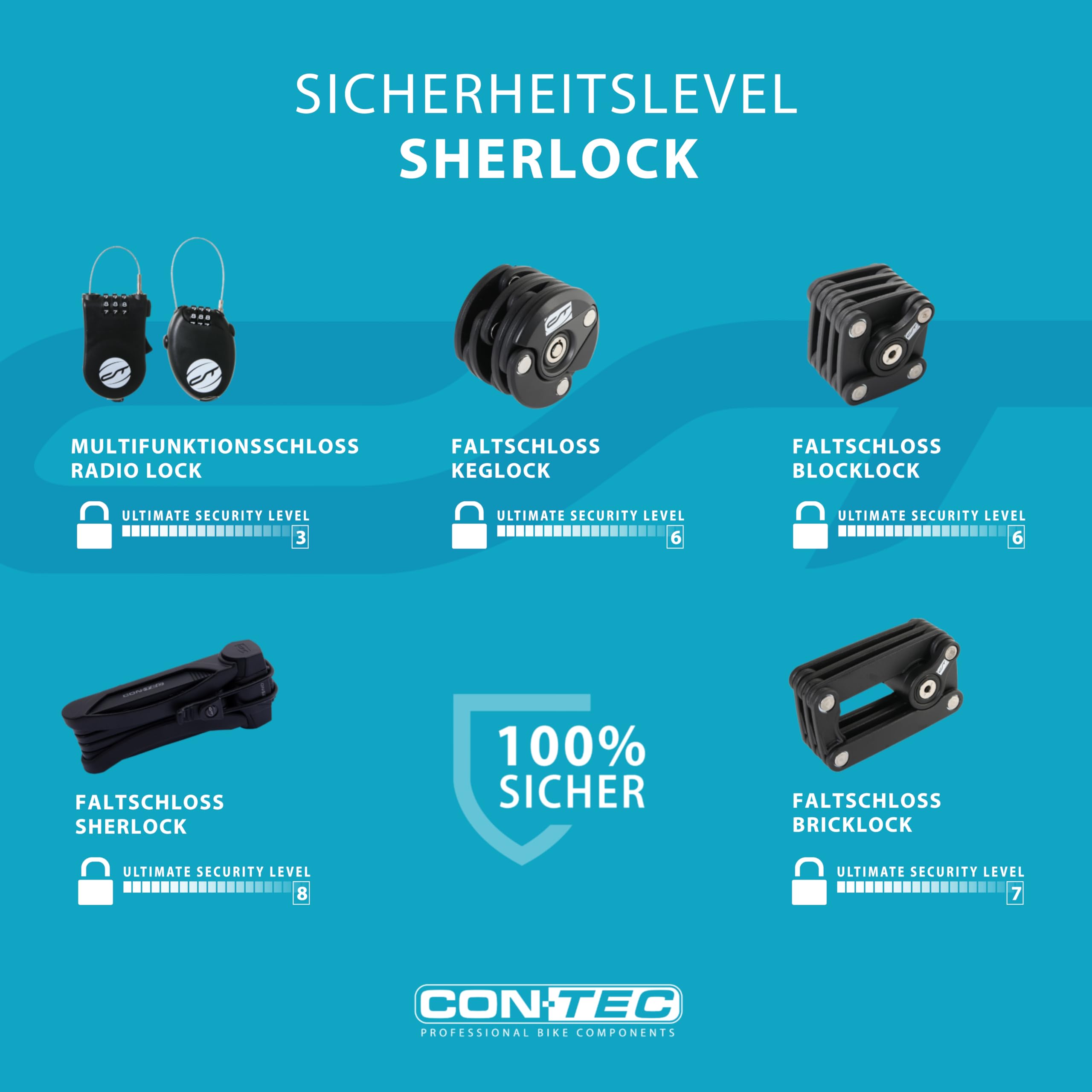 CONTEC Lucchetto pieghevole per bicicletta SherLock, robusto acciaio speciale Tredur, 85 cm, con supporto, sistema a chiave reversibile e serratura a chiave, nero