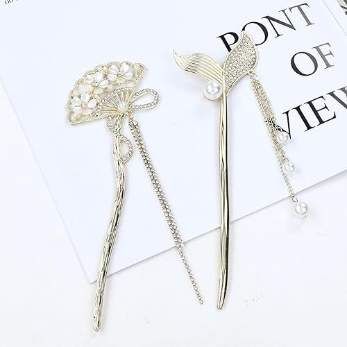 Miniatura 7 de 8 palillos decorativos retro asiáticos chinos Hanfu dorados de metal con colgantes, diamantes de imitación, tulipán, flor, rama, alfileres para el