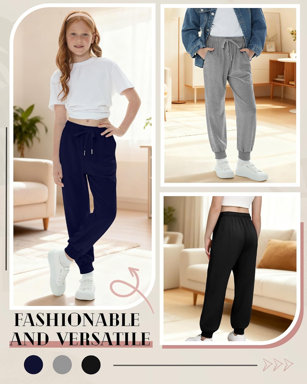 3 Pack Girls Sweatpants Joggers Baggy Ribbed Cuff Elastic Waist Drawstring for Kids Casual Teen Pants with Pockets - Image 5