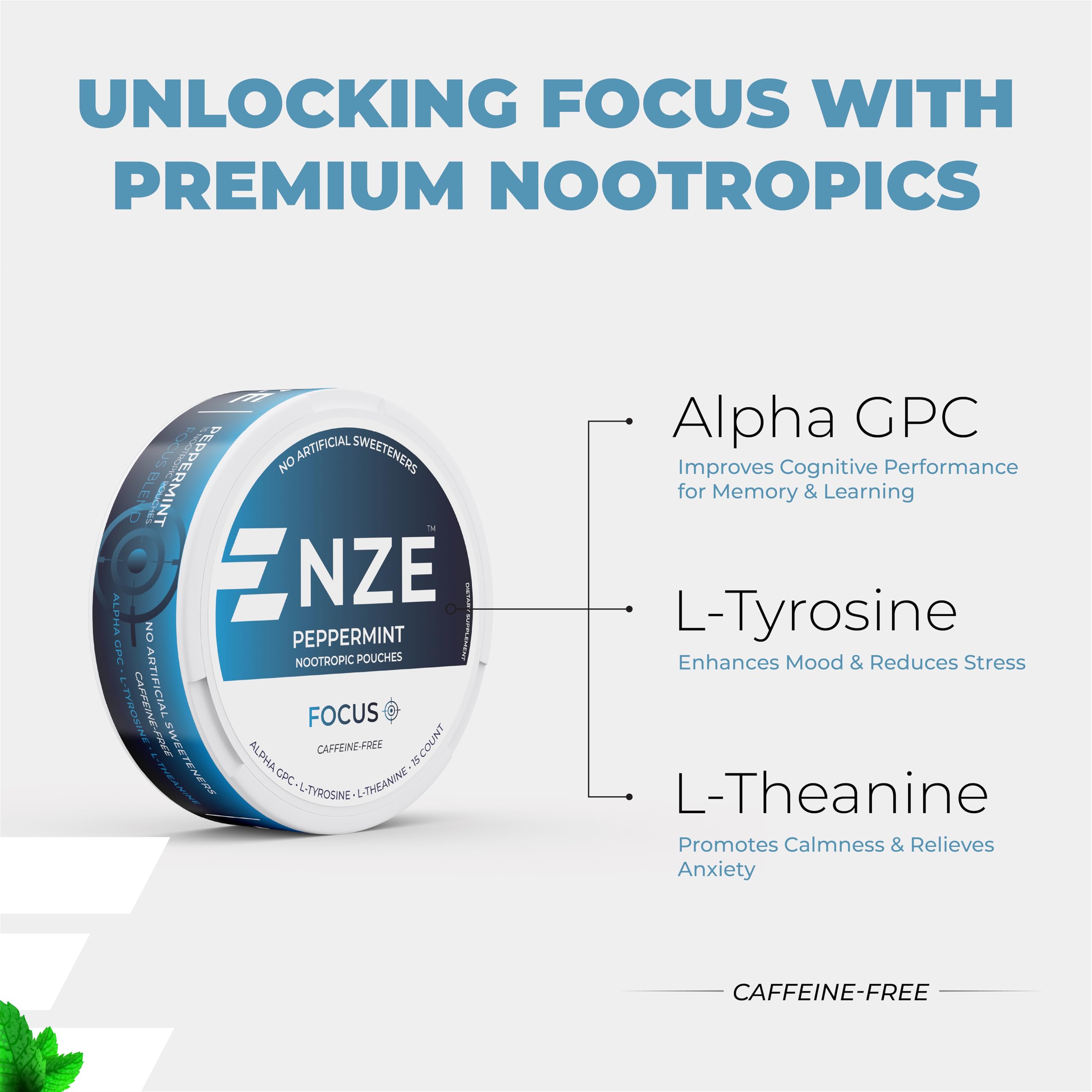 NZE Caffeine Free Nootropic Pouches (Peppermint) - Nootropic Pouches with Alpha GPC, L-Tyrosine & L-Theanine - No Sugar or Artificial Sweeteners - 15 Nicotine Free Pouches Per Can - 5 Pack — Amazon image 4