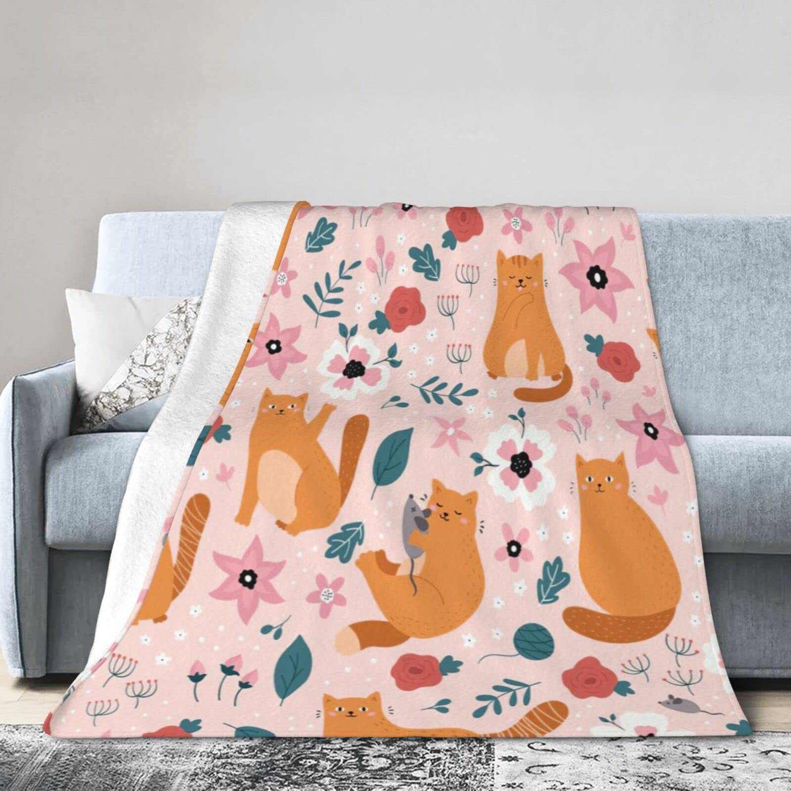 Cute Cat Throw Blanket Cozy Plush Orange Kitten Mouse Flannel Fleece Ultra Soft Blankets Unisex Lightweight Fuzzy Flower Party Blanket Gifts for Bed Couch Sofa Boys Girls 50
