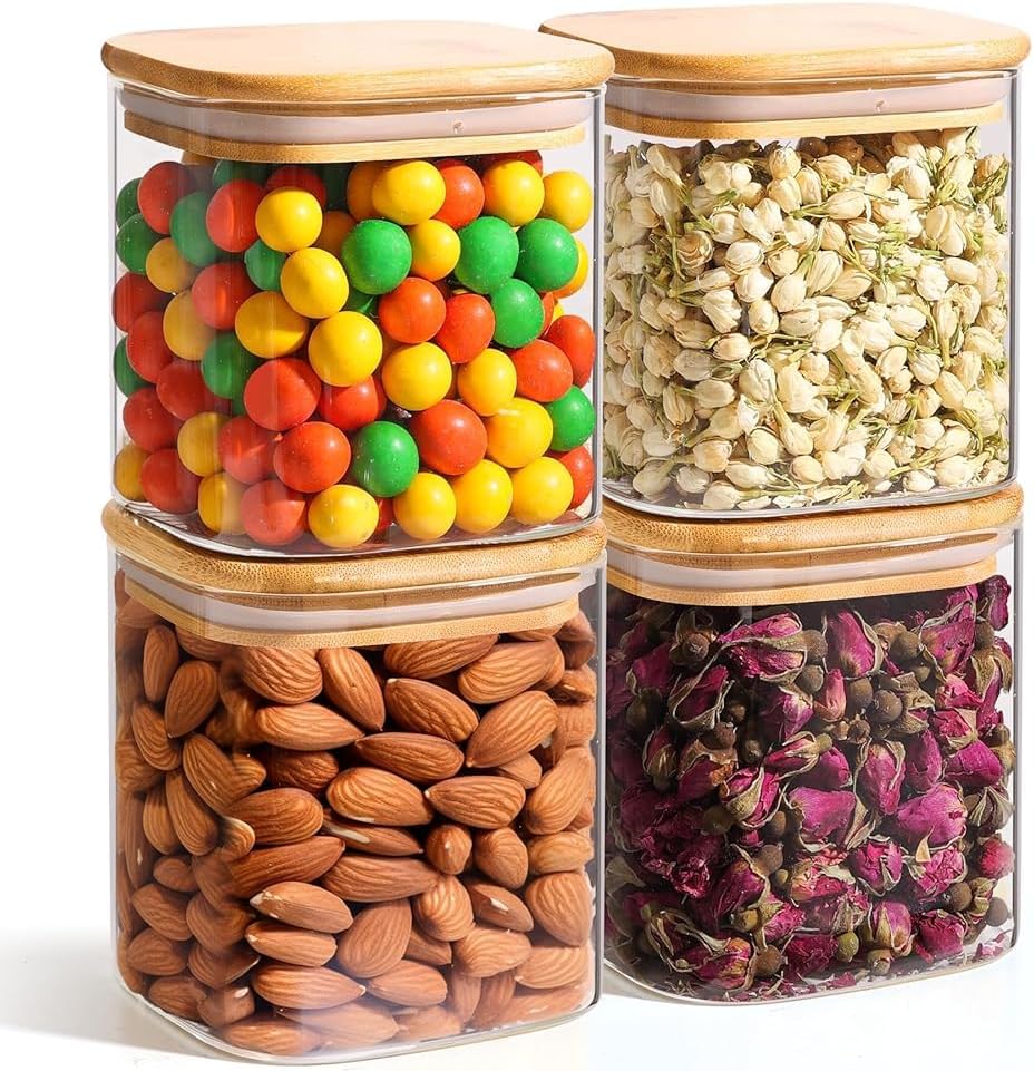 ComSaf 650ML Glass Food Storage Jars Set of 4, Small Glass Storage Containers with Lids, Pantry Organization Jar, Spice Jar, Blooming Tea, Candy and Cookie Container, Clear Canister Set for Kitchen