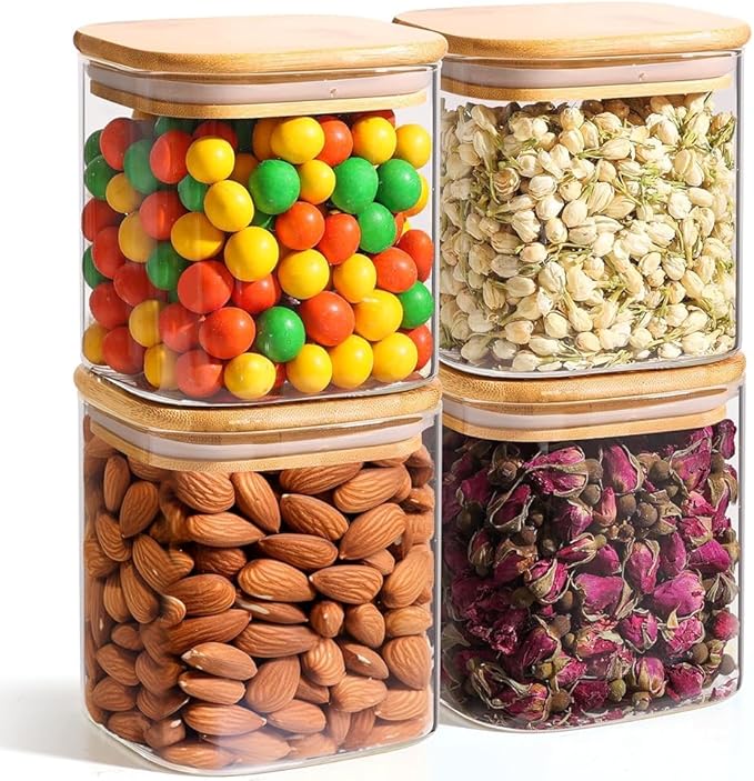 ComSaf Airtight Glass Storage Canister with Lids (0.7Qt/1.2Qt/1.6Qt) Set of 6, Food Storage Container Kitchen Pantry Storage Jar, Glass Jars for Flour Cereal Sugar Tea Coffee Beans Snacks, Square