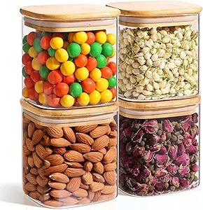 ComSaf 0.7 Qt Glass Food Storage Jars Set of 4, Clear Glass Storage Containers with Lids, Pantry Organization Jar, Spice Jar, Blooming Tea, Coffee and Sugar Container, Small Canister Set for Kitchen