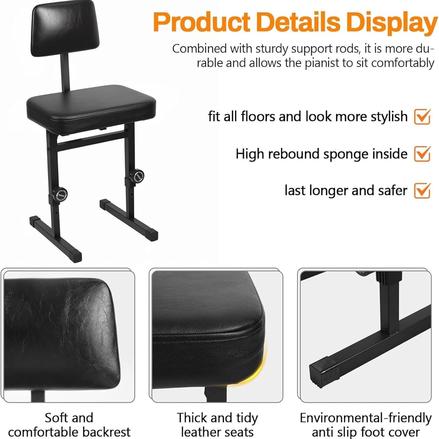 Banco De Piano con Respaldo, Asiento Ajustable For Teclado Musical Cojín Acolchado Negro For Silla Profesional Resistente Cuero PU(A)