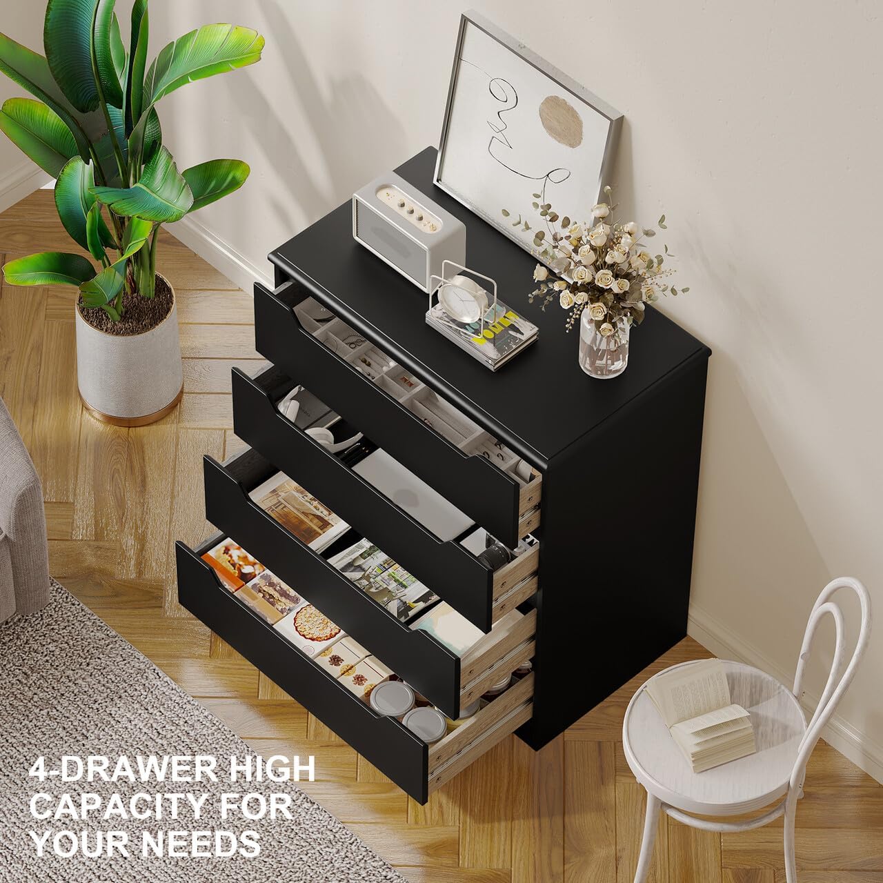 Gizoon 4-Drawer Dresser in a bedroom setting, showcasing its storage capacity with drawers partially open.