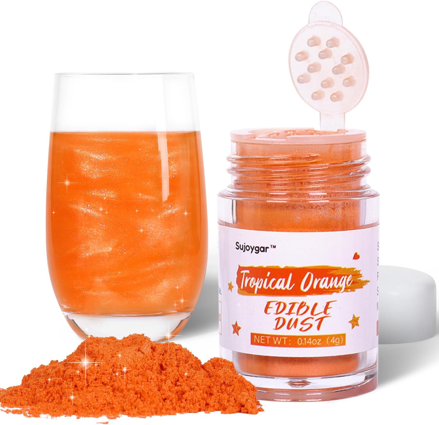 Orange Luster Dust Edible, Sujoygar Edible Glitter for Cocktails, 4g Shimmer Powder Drinks Glitter Edible Dust for Cake Decorating Chocolate Strawberrie Cupcake Baking Fondants Halloween Drinks