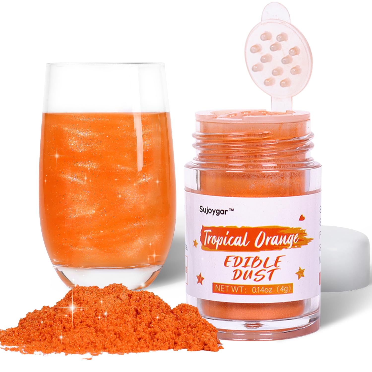 Orange Luster Dust Edible, Sujoygar Edible Glitter for Cocktails, 4g Shimmer Powder Drinks Glitter Edible Dust for Cake Decorating Chocolate Strawberrie Cupcake Baking Fondants Halloween Drinks
