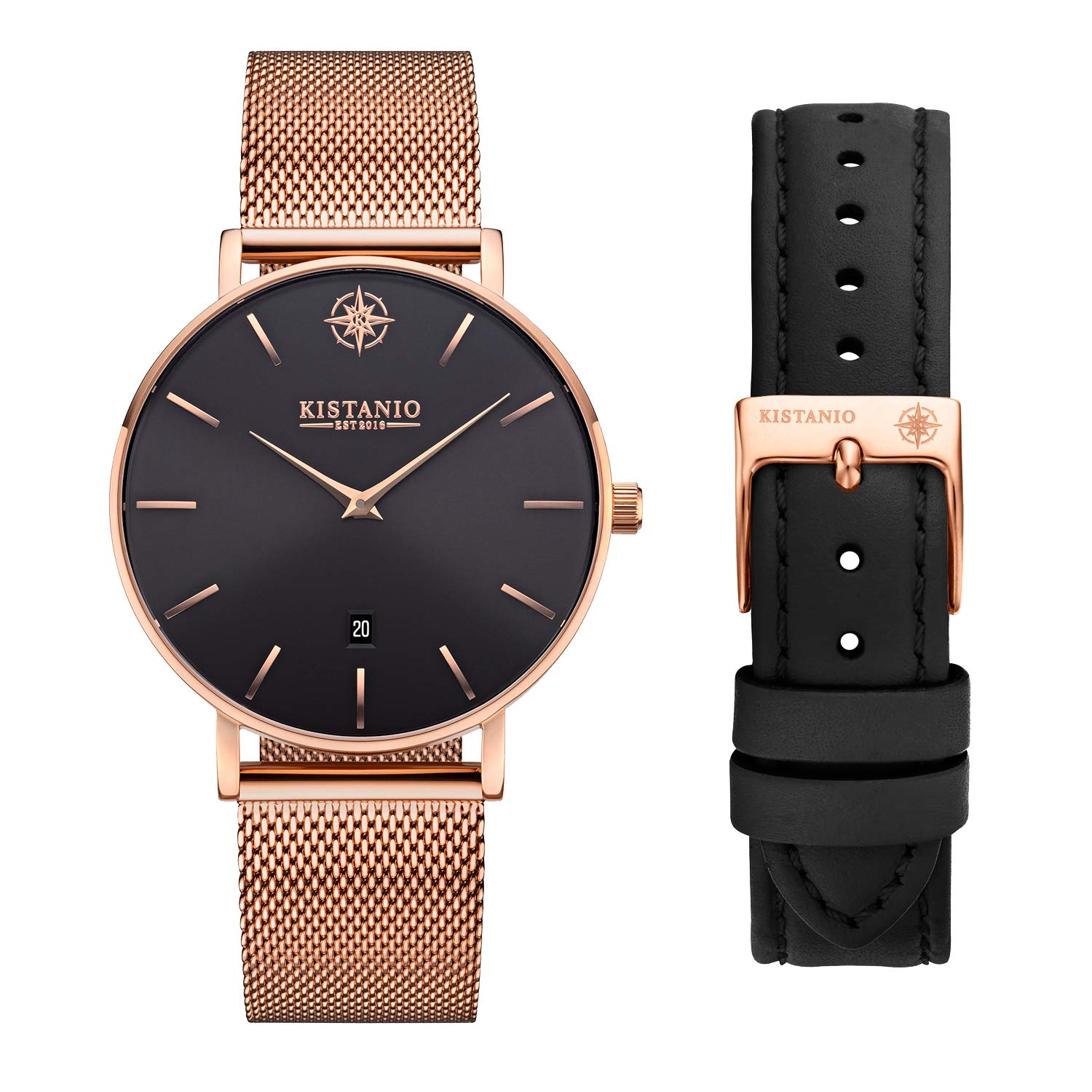 KistanioMoyen RG-BLKS-M-L-BK Women's Watch with Sapphire Glass and Milanese Strap + Extra Leather Strap
