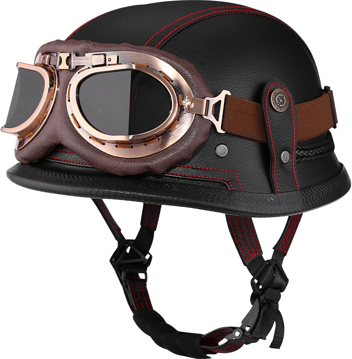 Motorcycle Half Helmet Retro German Handmade Leather Half Face Quick Release Buckle & Goggles - DOT Approved (Black & Red Line, L)