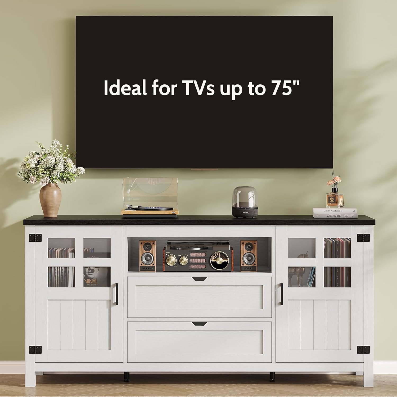 Farmhouse TV Stand for 65 70 75 Inch TVs, Entertainment Center with Adjustable Shelves, 2 Barn Doors and Drawers, Storage Media Cabinet for Living Room or Bedroom-White