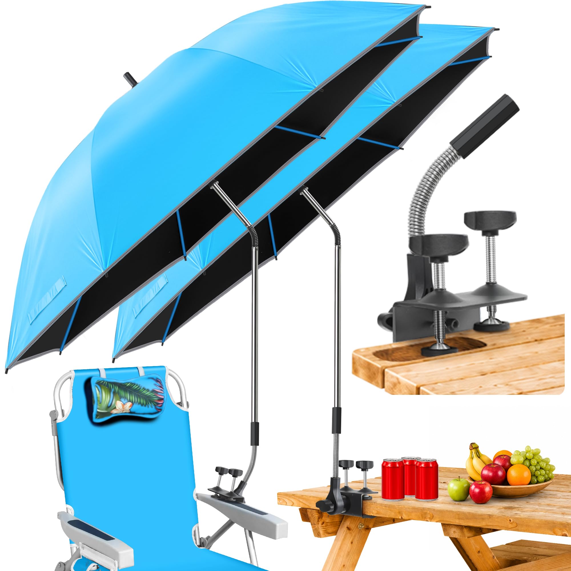 2er-Pack 124cm Sonnenschirm mit Klemme, 360° verstellbar, UPF 50+ UV-Schutz, großer Clip-On Schirm für Strandstuhl, Campingstuhl, Golftrolley und Tisch