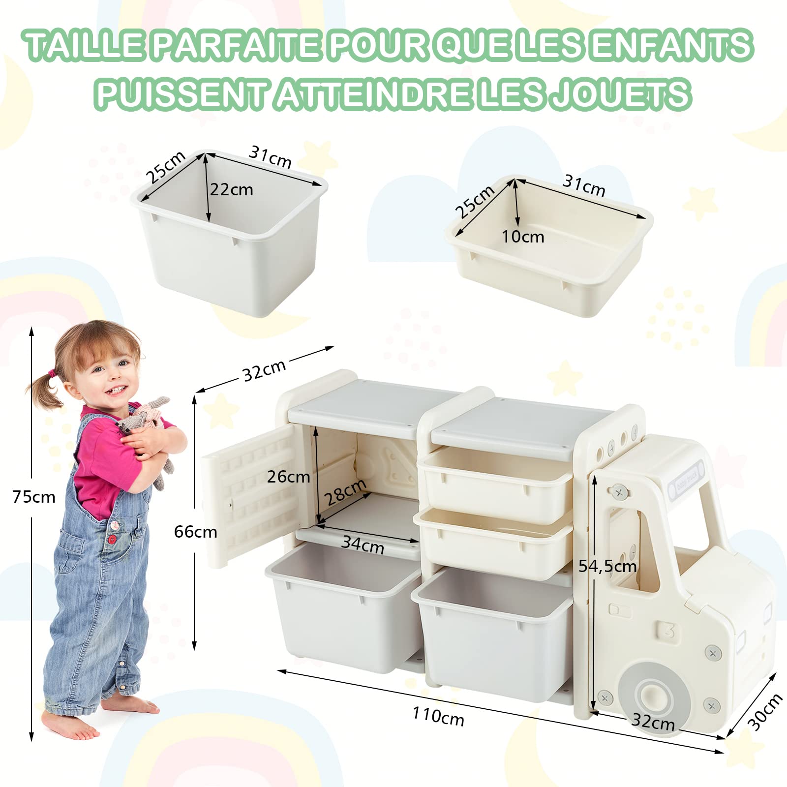 GOPLUS Estanteria Infantil de Juguetes y Libros en forma de camión para niños, Mueble de almacenamiento de HDPE, Organizador de juguetes para Dormitorio Salón Guardería, 110 x 32 x 66 cm (Beige)