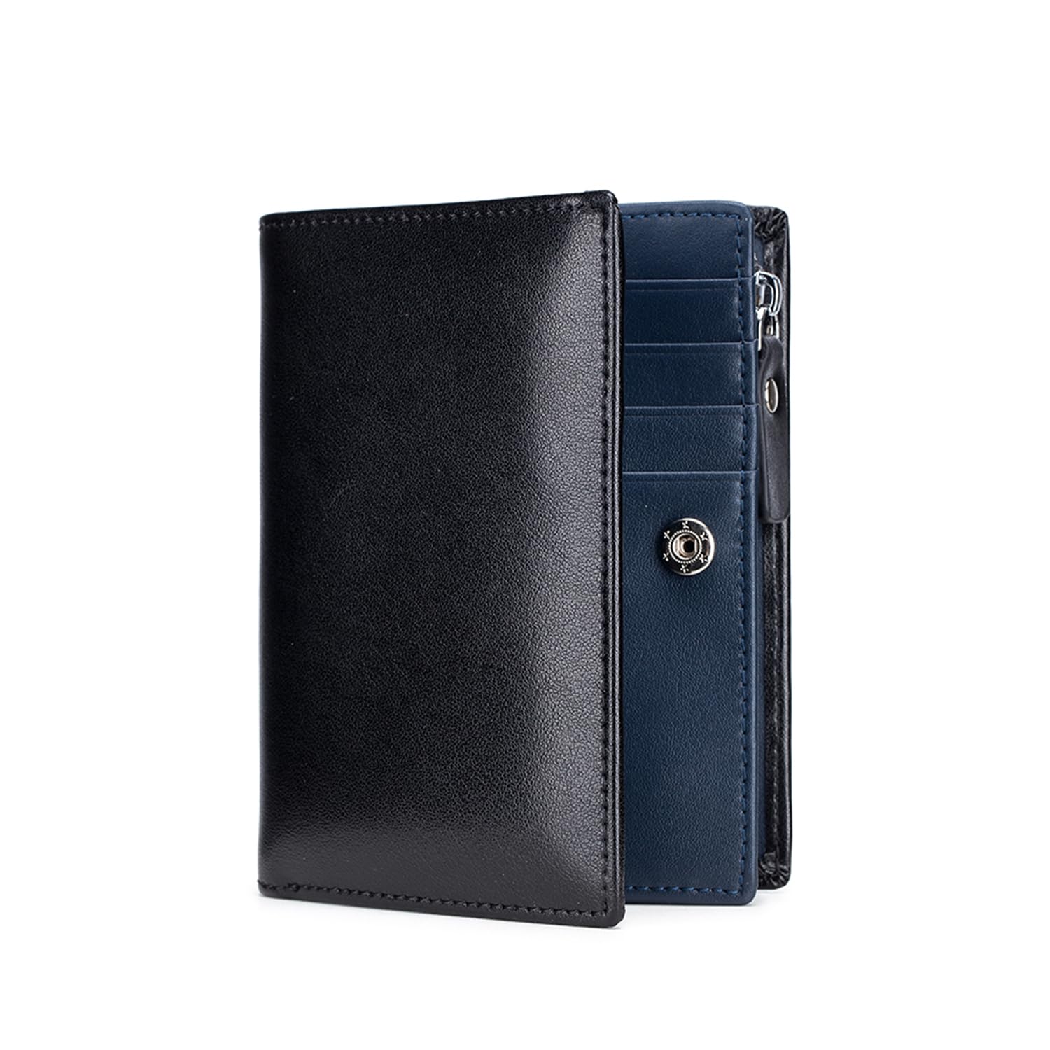 Karmiir Men's RFID Premium Bifold Leather Wallet, Black/Blue | Zipper Coin Pocket, Multiple Card Slots, ID Window & Double Bill Compartments, Thick Wallet & Large Capacity