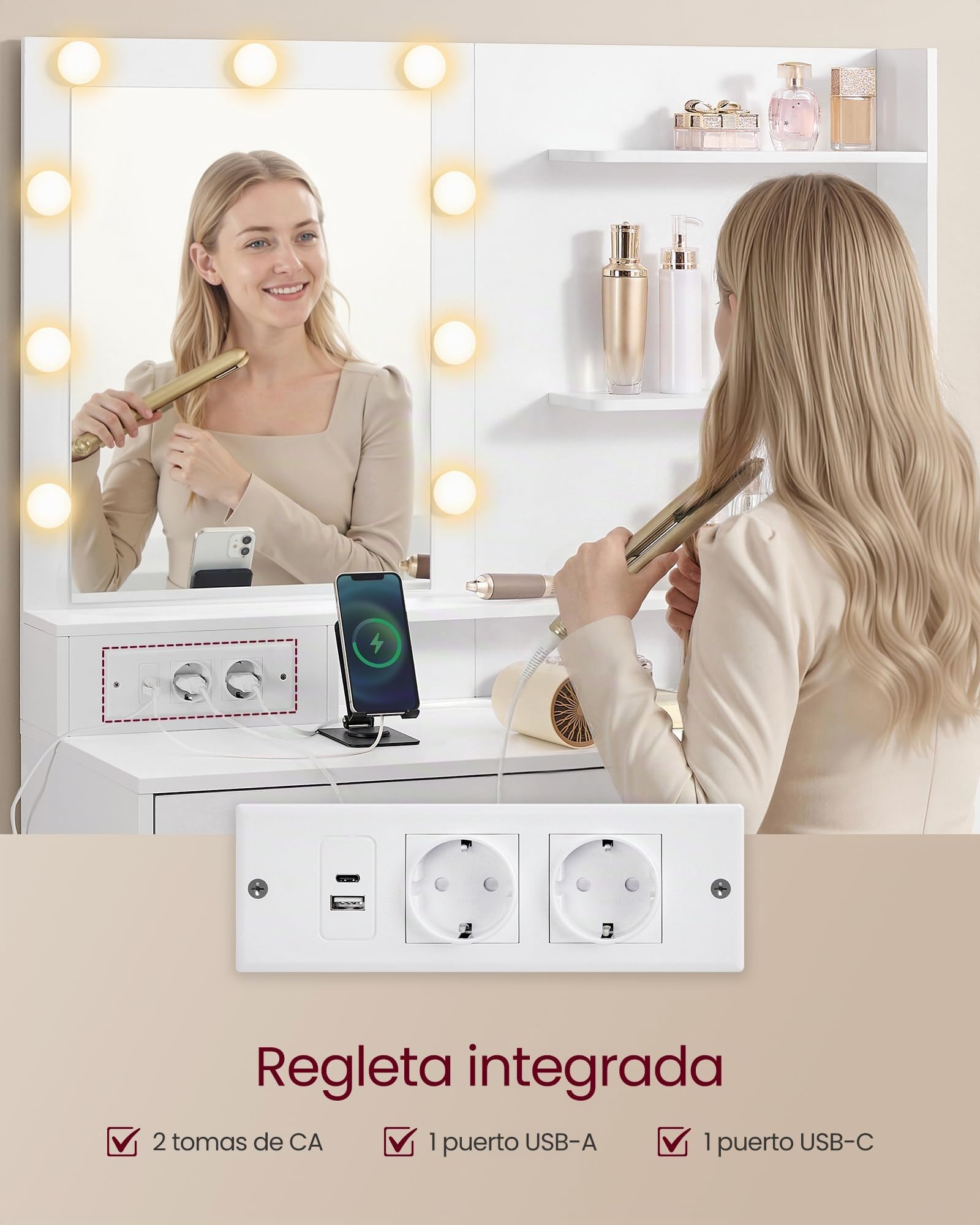 VASAGLE Kailyn Colección - Tocador con Espejo LED y Regleta, 9 Bombillas, 8 Cajones, 3 Estantes, Iluminación de 3 Colores, Modular en Línea o en L, Mesa de Maquillaje, Blanco Nube RDT140WB01