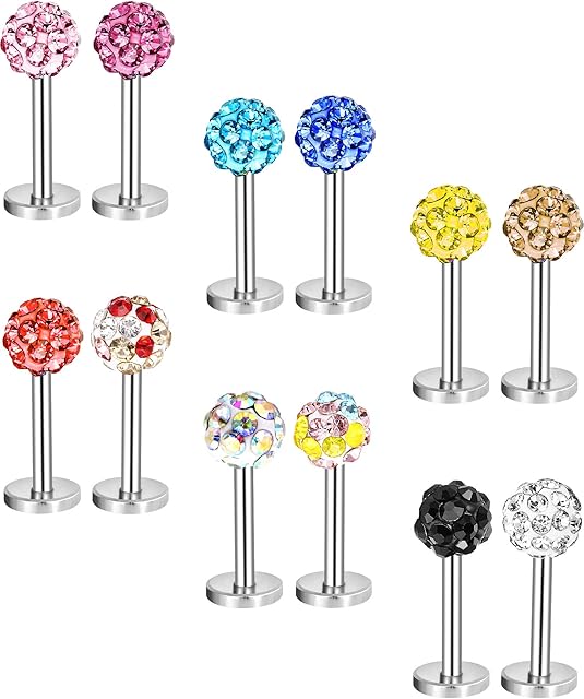 12 Pieces 16 Gauge Stainless Steel Nose Studs Labret Bars Helix Lips Body Piercing Crystal Tragus Jewelry, 12 Colors