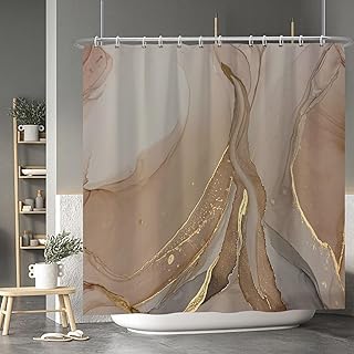 Baocicoo Brown Gold Marble Shower Curtain Set Golden Cracked Lines Modern Shower Curtains for Bathroom Living Room Decor Polyester Durable Waterproof Curtain for Bathroom with Hooks 72x72 Inches