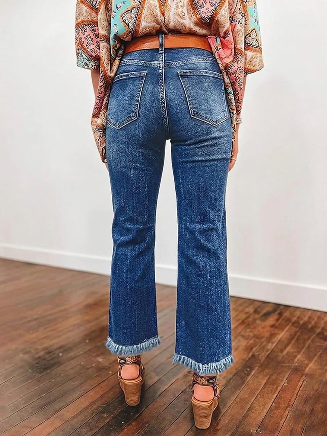 Flamingals High Waisted Flare Leg Cropped Jeans for Women Raw Hem Ethnic Embroidery Stretchy Boho Ankle Denim Jeans