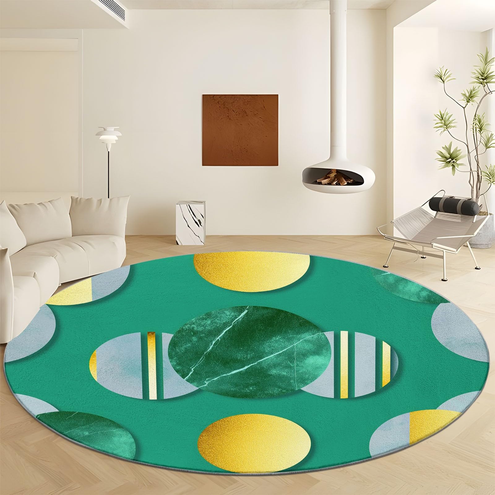 Rond Tapis Salon Vert, Moquette Rayures Géométriques en Feuille d'or — Tapis Chambre de Décoration Poil Ras Lavable en Machine Paillasson Rond Antidérapant Salle a Manger Chambre Adulte, 210 cm