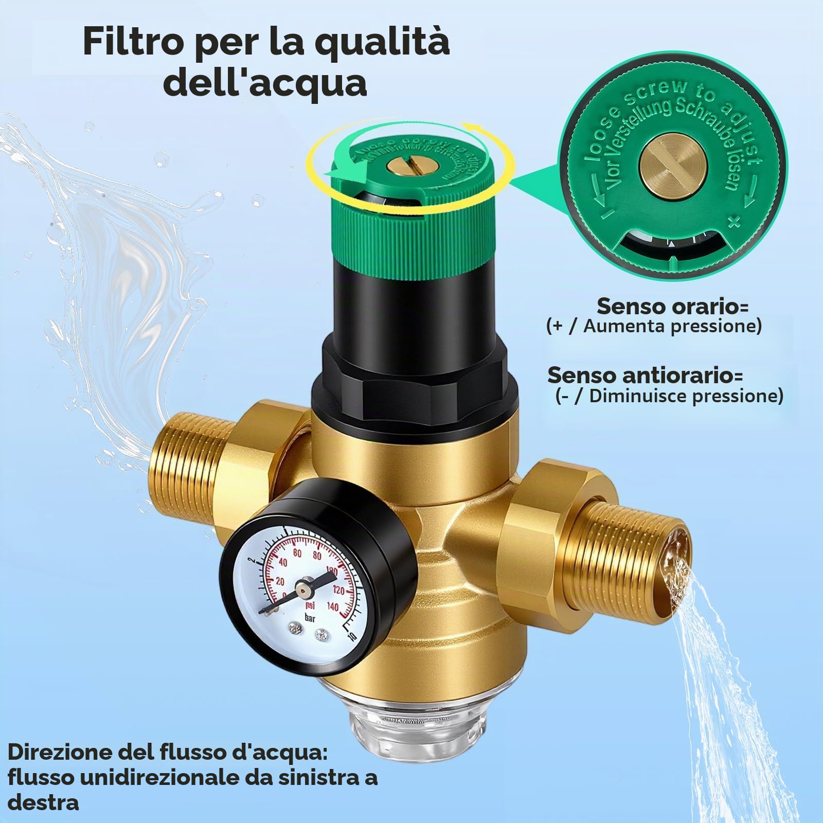 Riduttore di Pressione Acqua 3/4 Pollici, Regolatore di Pressione Acqua in Ottone con Manometro e Filtro a Rete, Riduttore Pressione Acqua Regolabile Adatta per Casa, Giardino, Edifici e Fabbriche