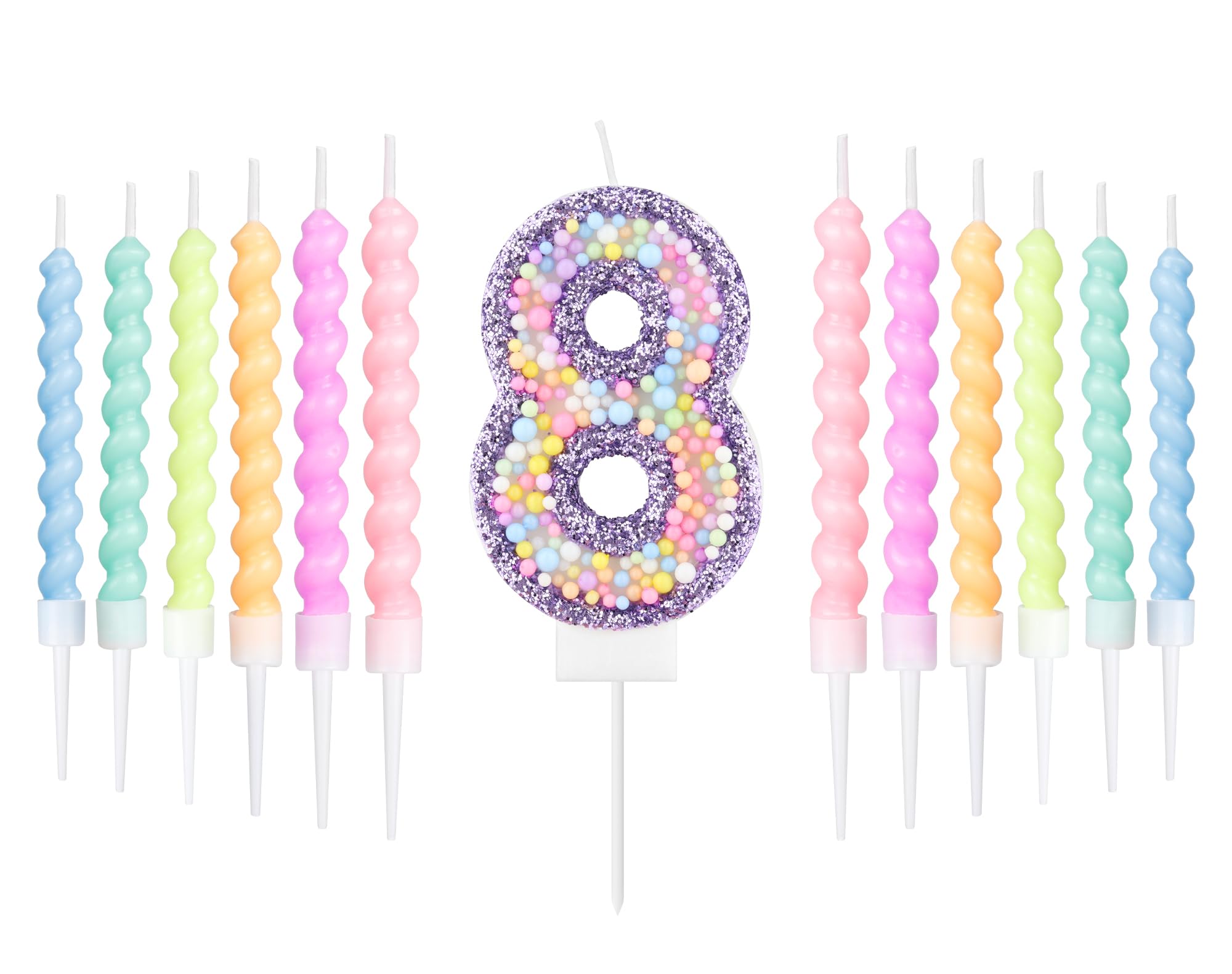 Purple Macaron 8th Birthday Candle with 12pcs Pastel Spiral Candles Set, Girls 8th Birthday Decorations Iridescent,Macaron Number 8 Candle for Cake,Kpop Themed Party Decoration,Baby Showers Supplies