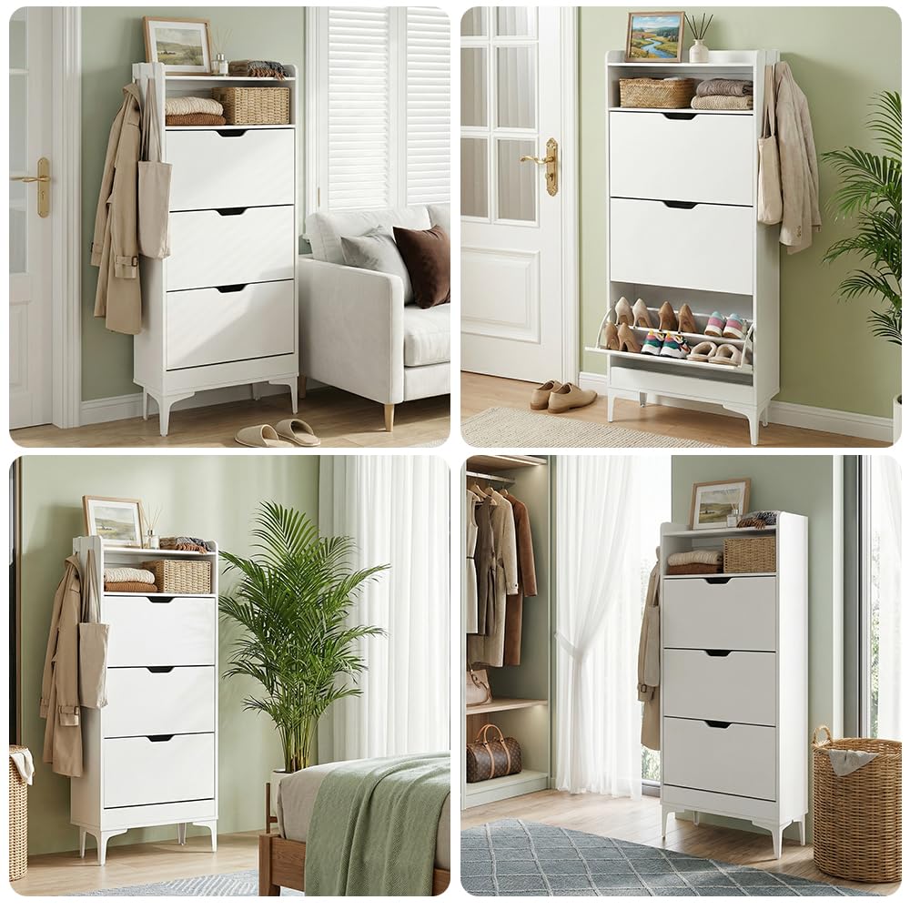 EGGREE Zapatero Alto y Estrecho con 3 Puertas Abatibles y Compartimento Abierto, Mueble Ahorrador de Espacio para Pasillo, Apartamento, Habitaciones, Blanco, 60x24x159 cm