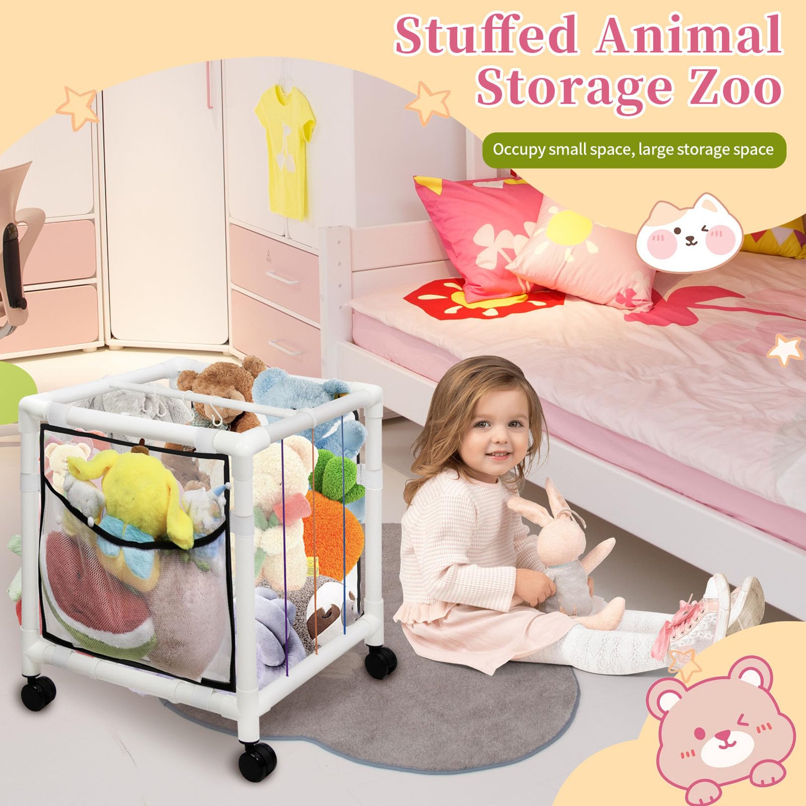 Stuffed Animal Storage Organizer, Stuffed Animal Zoo Storage Plush Toy Storage Basket for Playroom, Stuffed Animal Storage Rack with Elastic Rope, for Bedroom Nursery (Standard